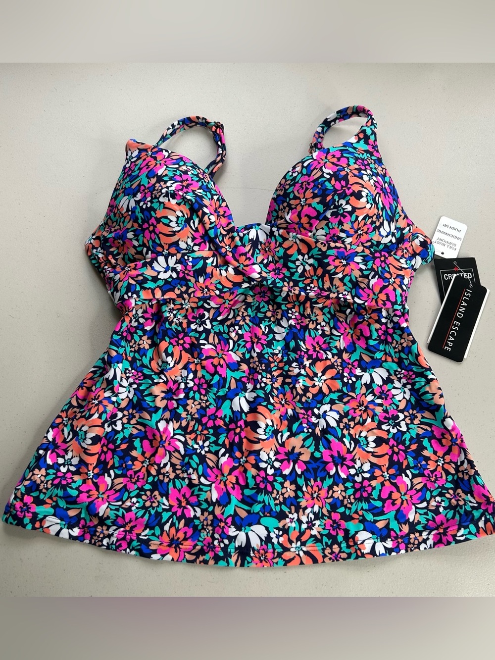 Island Escape Tankini Top 6 Navy Multicolor Full Bust Support Underwire Push Up
